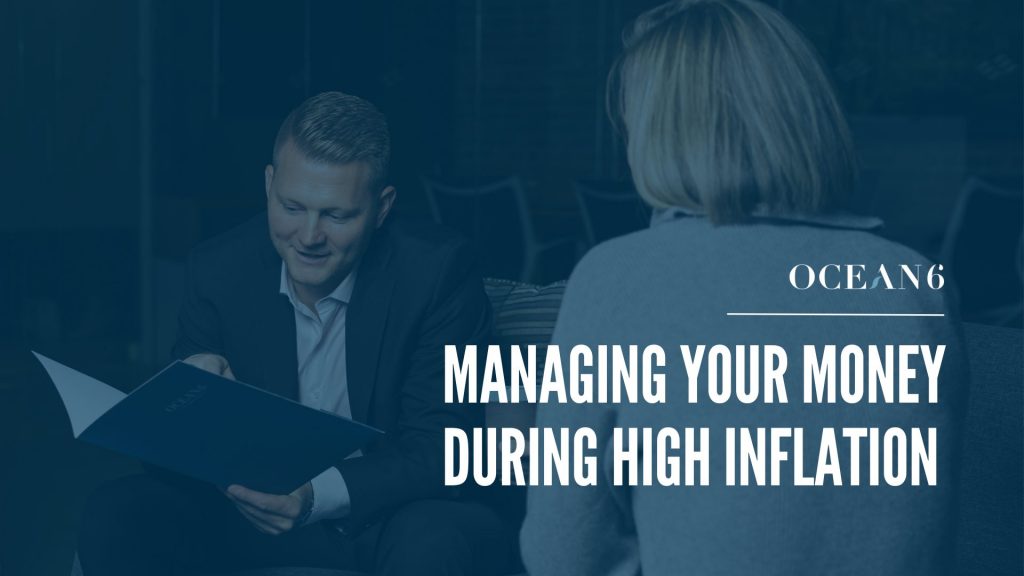 Blog thumbnail with financial advisor holding a folder and sharing information with a woman sitting across from him. How to manage your expenses during high inflation