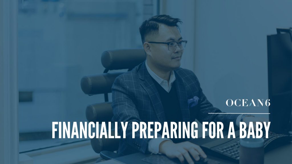 Blog thumbnail on how to financially prepare for a baby. financial advisor sitting at chair on the computer while smiling.