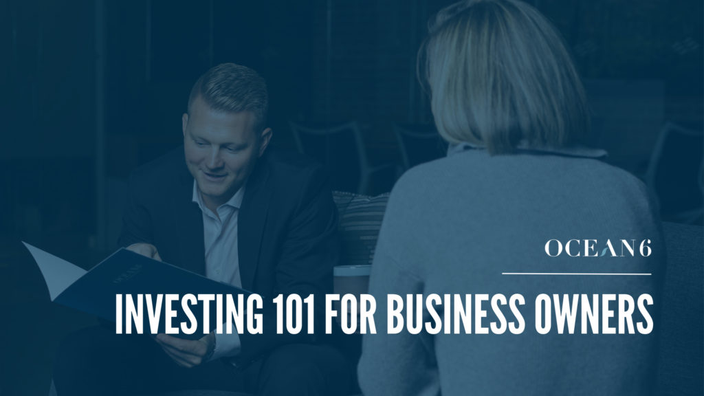 Blog thumbnail with financial advisor holding a folder and sharing information with a woman sitting across from him. Investing 101 for business owners blog thumbnail for a blog on the ultimate to investing for business owners