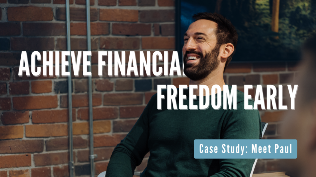Financial advisor wearing a green shirt sitting on a chair laughing - case study thumbnail on achieving financial freedom early